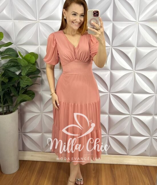 Vestido Tule Decote V Pala Na Cintura Três Marias Manga Princesa Sandra - Rose - Milla Chic