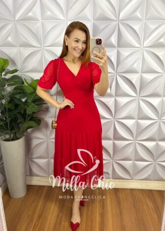 Vestido Tule Decote V Pala Na Cintura Três Marias Manga Princesa Sandra - Vermelho - Milla Chic