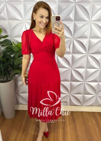 Vestido Tule Decote V Pala Na Cintura Três Marias Manga Princesa Sandra - Vermelho - Milla Chic