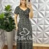 Vestido Viscolinho Com Drapeados No Busto Mídi Estampado Sheila - Preto - Milla Chic