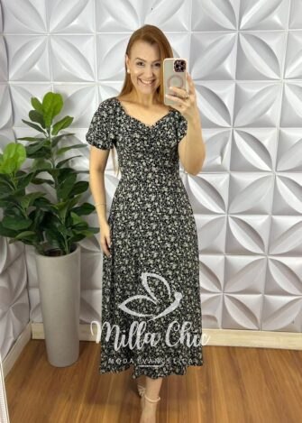 Vestido Viscolinho Com Drapeados No Busto Mídi Estampado Sheila - Preto - Milla Chic