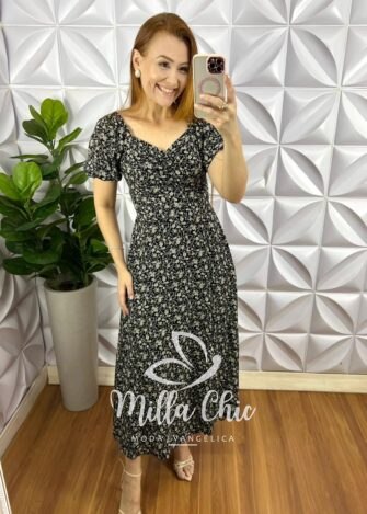 Vestido Viscolinho Com Drapeados No Busto Mídi Estampado Sheila - Preto - Milla Chic