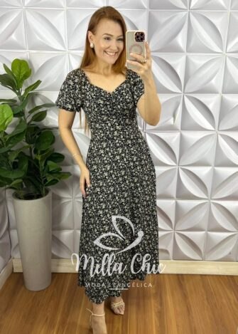 Vestido Viscolinho Com Drapeados No Busto Mídi Estampado Sheila - Preto - Milla Chic