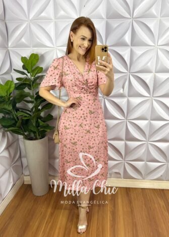 Vestido Viscolinho Decote V Torcido No Busto Lastex Nas Costas Mídi Evase Fabiane - Rosa - Milla Chic