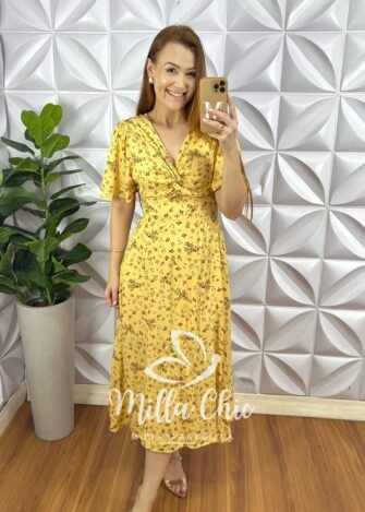 Vestido Viscolinho Decote V Torcido No Busto Lastex Nas Costas Mídi Evase Fabiane - Amarelo - Milla Chic