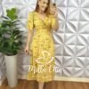 Vestido Viscolinho Decote V Torcido No Busto Lastex Nas Costas Mídi Evase Fabiane - Amarelo - Milla Chic