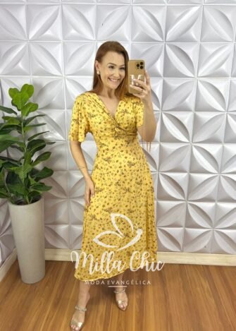 Vestido Viscolinho Decote V Torcido No Busto Lastex Nas Costas Mídi Evase Fabiane - Amarelo - Milla Chic