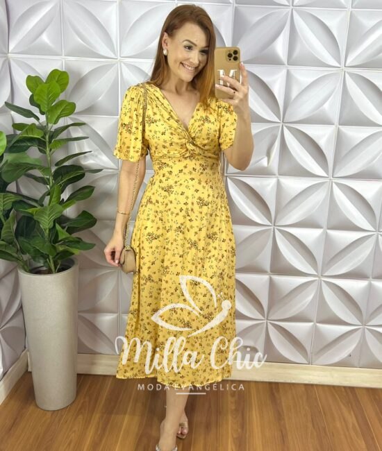 Vestido Viscolinho Decote V Torcido No Busto Lastex Nas Costas Mídi Evase Fabiane - Amarelo - Milla Chic