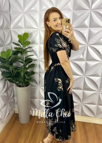Vestido Viscolinho Elástico E Fita No Decote Pala Na Cintura Mídi Evase Flaviana - Preto (Estampado) - Milla Chic