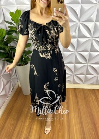Vestido Viscolinho Elástico E Fita No Decote Pala Na Cintura Mídi Evase Flaviana - Preto (Estampado) - Milla Chic