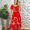 Vestido Viscolinho Elástico E Fita No Decote Pala Na Cintura Mídi Evase Flaviana - Vermelho (Estampado) - Milla Chic