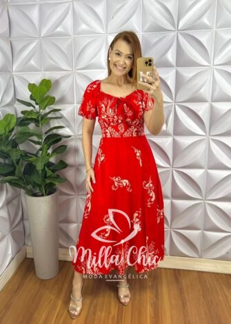 Vestido Viscolinho Elástico E Fita No Decote Pala Na Cintura Mídi Evase Flaviana - Vermelho (Estampado) - Milla Chic