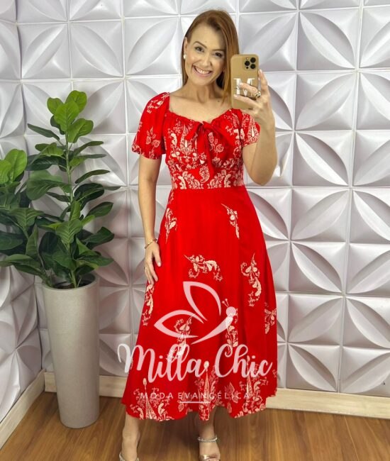 Vestido Viscolinho Elástico E Fita No Decote Pala Na Cintura Mídi Evase Flaviana - Vermelho (Estampado) - Milla Chic