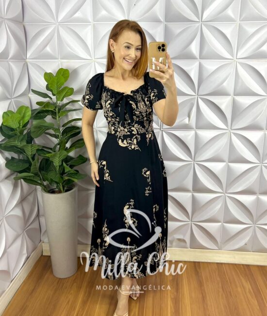 Vestido Viscolinho Elástico E Fita No Decote Pala Na Cintura Mídi Evase Flaviana - Preto (Estampado) - Milla Chic