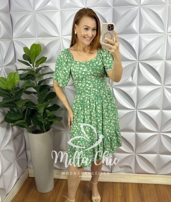 Vestido Viscolinho Estampado Curto Manga Raglan Ester - Verde - Milla Chic