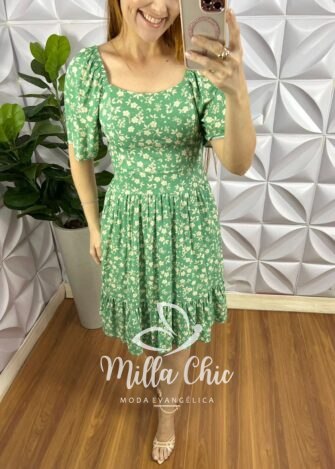 Vestido Viscolinho Estampado Curto Manga Raglan Ester - Verde - Milla Chic