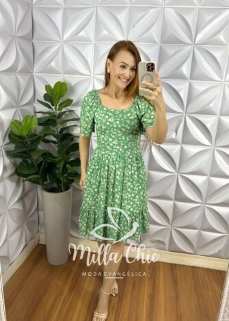 Vestido Viscolinho Estampado Curto Manga Raglan Ester - Verde - Milla Chic