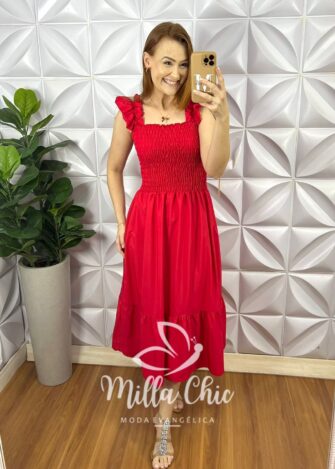 Vestido Viscolinho Manga Babadinho Mídi Laguna - Vermelho - Milla Chic