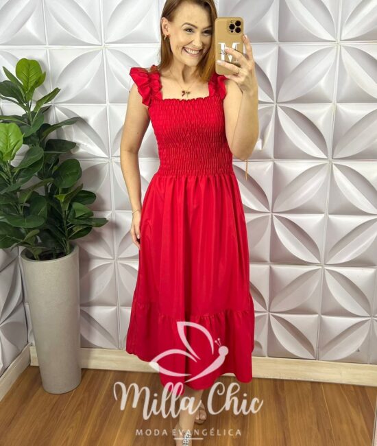 Vestido Viscolinho Manga Babadinho Mídi Laguna - Vermelho - Milla Chic