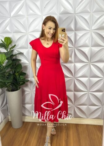 Vestido Viscolinho Manga Babadinho Mídi Laguna - Vermelho - Milla Chic