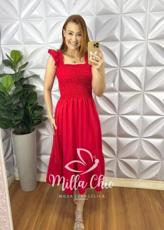 Vestido Viscolinho Manga Babadinho Mídi Laguna - Vermelho - Milla Chic