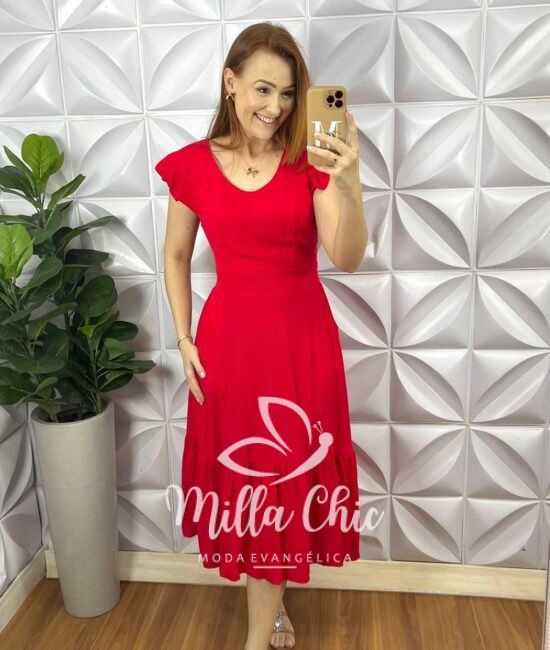 Vestido Viscolinho Manga Babadinho Mídi Laguna - Vermelho - Milla Chic