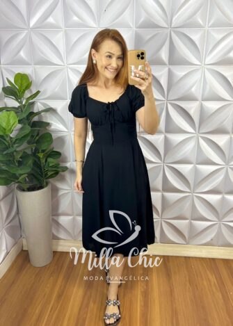Vestido Viscolinho Manga Princesa Mídi Com Fita Nas Costas Camponesa - Preto Liso - Milla Chic