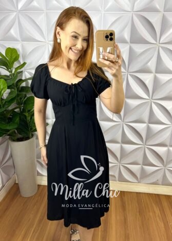 Vestido Viscolinho Manga Princesa Mídi Com Fita Nas Costas Camponesa - Preto Liso - Milla Chic