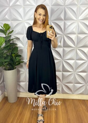 Vestido Viscolinho Manga Princesa Mídi Com Fita Nas Costas Camponesa - Preto Liso - Milla Chic