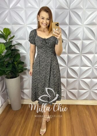 Vestido Viscolinho Manga Princesa Mídi Com Fita Nas Costas Camponesa - Preto - Milla Chic