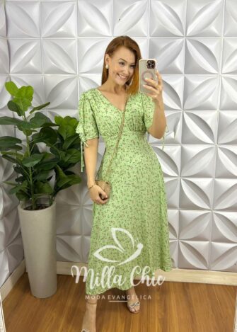 Vestido Viscolinho Mídi Estampado Manga 3/4 Cecilia - Verde - Milla Chic