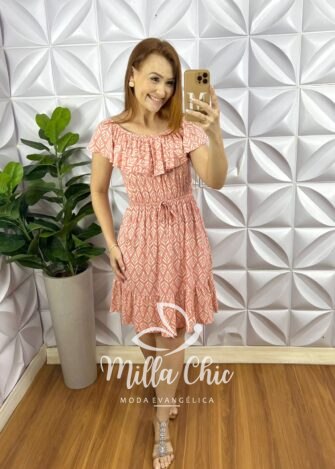 Vestido Viscolycra Com Babado No Decote Elastico Na Cintura Babado Na Barra Gabriela - Rosa - Milla Chic