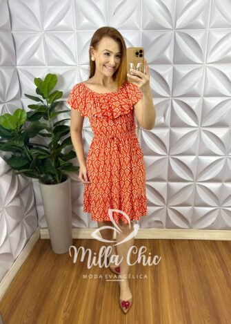 Vestido Viscolycra Com Babado No Decote Elastico Na Cintura Babado Na Barra Gabriela - Laranja - Milla Chic