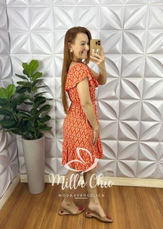 Vestido Viscolycra Com Babado No Decote Elastico Na Cintura Babado Na Barra Gabriela - Laranja - Milla Chic