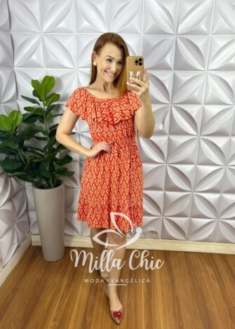 Vestido Viscolycra Com Babado No Decote Elastico Na Cintura Babado Na Barra Gabriela - Laranja - Milla Chic