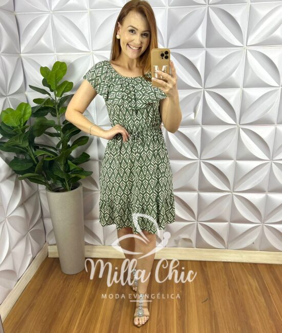 Vestido Viscolycra Com Babado No Decote Elastico Na Cintura Babado Na Barra Gabriela - Verde - Milla Chic