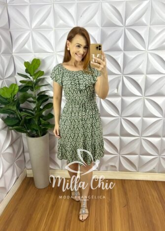 Vestido Viscolycra Com Babado No Decote Elastico Na Cintura Babado Na Barra Gabriela - Verde - Milla Chic