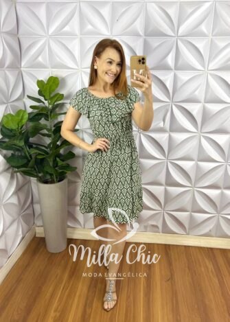 Vestido Viscolycra Com Babado No Decote Elastico Na Cintura Babado Na Barra Gabriela - Verde - Milla Chic