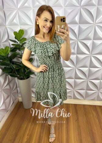 Vestido Viscolycra Com Babado No Decote Elastico Na Cintura Babado Na Barra Gabriela - Verde - Milla Chic
