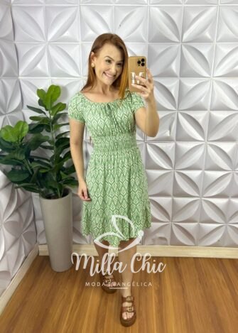Vestido Viscolycra Decote Com Elastico Lastex Na Cintura Curto Com Babado Na Barra Maria - Verde - Milla Chic