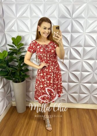 Vestido Viscolycra Decote Com Elastico Lastex Na Cintura Curto Com Babado Na Barra Maria - Vermelho - Milla Chic