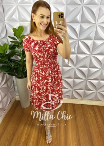 Vestido Viscolycra Decote Com Elastico Lastex Na Cintura Curto Com Babado Na Barra Maria - Vermelho - Milla Chic