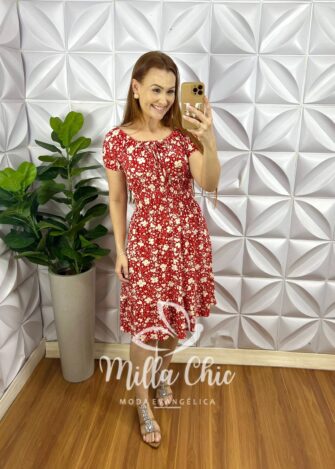 Vestido Viscolycra Decote Com Elastico Lastex Na Cintura Curto Com Babado Na Barra Maria - Vermelho - Milla Chic