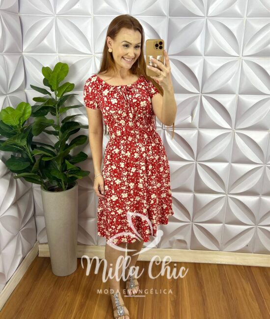 Vestido Viscolycra Decote Com Elastico Lastex Na Cintura Curto Com Babado Na Barra Maria - Vermelho - Milla Chic