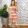 Vestido Viscolycra Decote Com Elastico Lastex Na Cintura Curto Com Babado Na Barra Maria - Rosa e Creme - Milla Chic