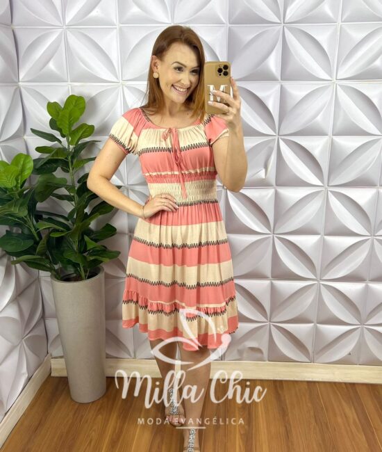 Vestido Viscolycra Decote Com Elastico Lastex Na Cintura Curto Com Babado Na Barra Maria - Rosa e Creme - Milla Chic