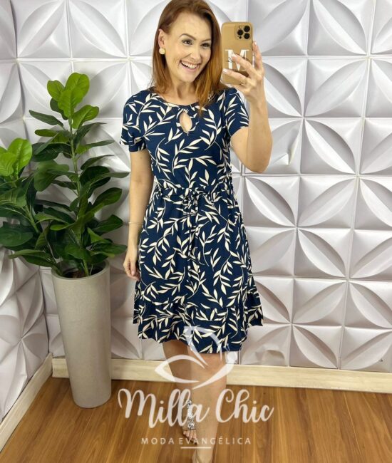 Vestido Viscolycra Gota No Decote Elástico De regular Na Cintura Curto Com Babado Kelly - Azul - Milla Chic