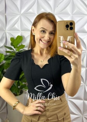 Blusa Anarruga Com Bojo Manga Princesa Lucrécia - Preta - Milla Chic