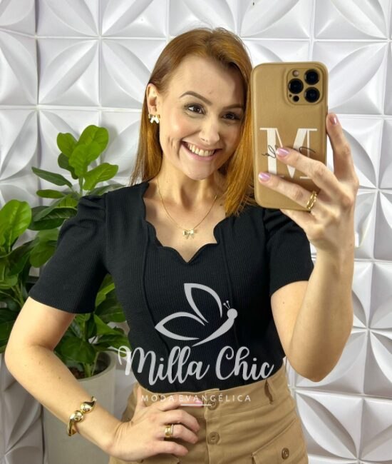 Blusa Anarruga Com Bojo Manga Princesa Lucrécia - Preta - Milla Chic