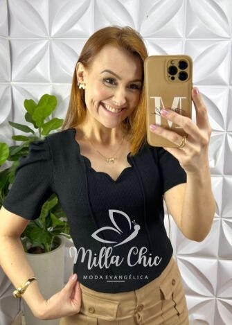 Blusa Anarruga Com Bojo Manga Princesa Lucrécia - Preta - Milla Chic